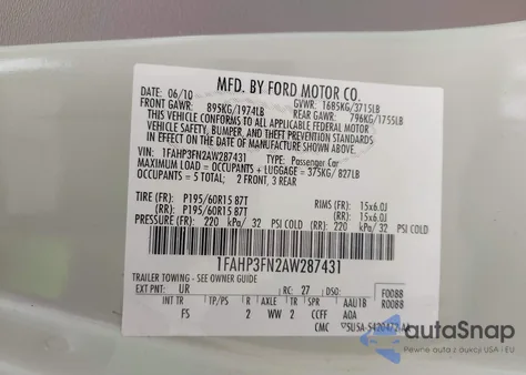 2010 Ford Focus Se из США, поврежденный, VIN 1FAHP3FN2AW287431